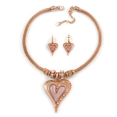 Romantic Crystal Heart Mesh Necklace and Stud Earrings Set In Rose Gold Metal (Pink) - 39cm L/ 8cm Ext - Gift Boxed - main view