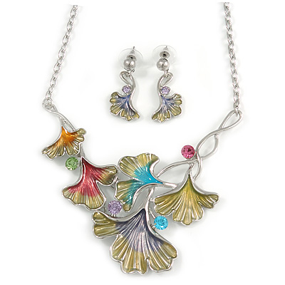 Pastel Enamel 'Spring Foliage' Floral Necklace and Drop Earrings Set In Rhodium Plating - 44cm L/ 7cm Ext - main view
