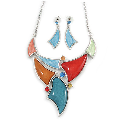 Multicoloured Enamel, Glass Geometric Necklace and Drop Earrings Set In Rhodium Plating Set - 42cm L/ 7cm Ext - main view