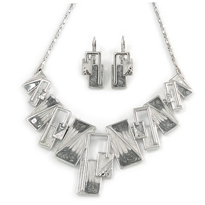 Grey Enamel Geometric Necklace and Drop Earrings In Rhodium Plating Set - 38cm L/ 8cm Ext - main view