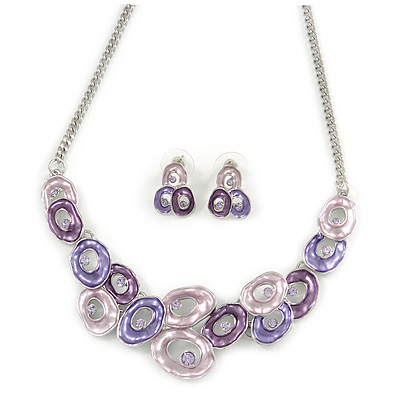 Pink/ Purple Crystal, Glittering Enamel Oval Cluster Necklace and Stud Earrings In Rhodium Plating - 40cm L/ 7cm Ext - main view
