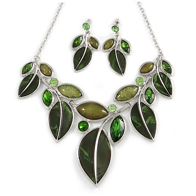 Statement Green Glass, Crystal Leaf Necklace and Drop Earrings Set In Rhodium Plating - 40cm L/ 8cm Ext - main view