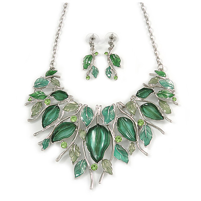 Stunning Green Crystal, Glass Leaf Necklace and Drop Earrings Set In Rhodium Plating - 41cm L/ 8cm Ext - main view