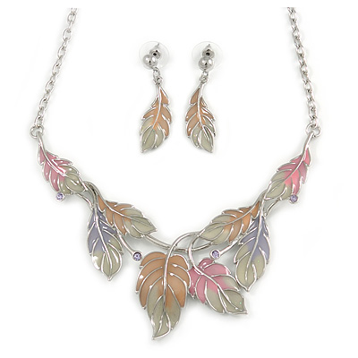 Pastel Enamel 'Spring Foliage' Floral Necklace and Drop Earrings Set In Rhodium Plating - 42cm L/ 8cm Ext - main view