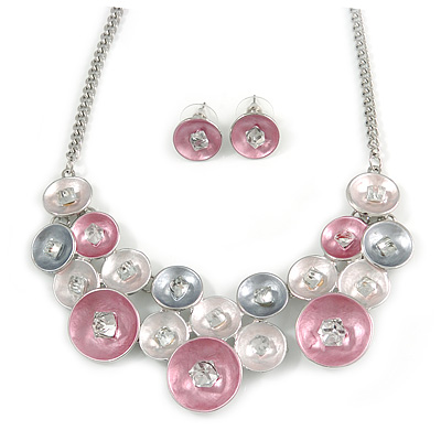 Pastel Enamel Pink/ Grey/ Metallic Silver Circle Cluster Necklace and Stud Earrings Set In Rhodium Plating - 41cm L/ 7cm Ext - main view