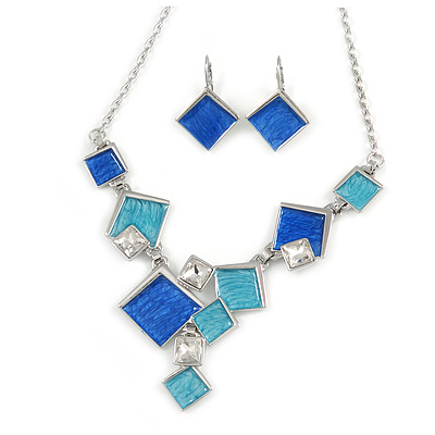 Avant Garde Blue Enamel Geometric Square Station, Clear Crystal Necklace and Drop Earrings Set In Rhodium Plating - 42cm L/ 7cm Ext - main view