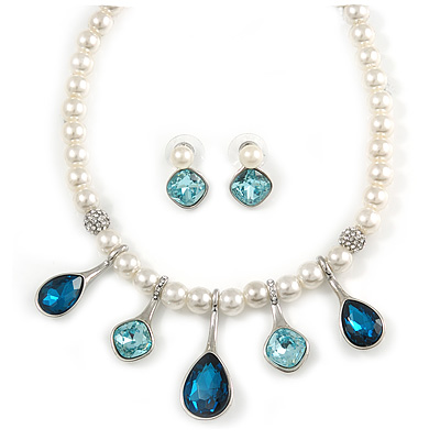 Bridal/ Wedding/ Prom White Faux Pearl, Blue/ Clear Crystal Necklace and Stud Earrings Set In Silver Tone - 42cm L/ 9cm Ext - Gift Boxed - main view