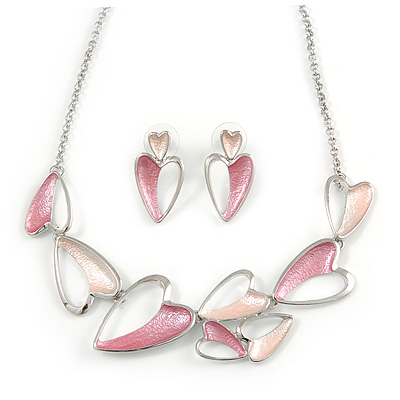 Romantic Multi Heart Necklace and Stud Earrings Set In Rhodium Plating (Pink) - 39cm L/ 8cm Ext - Gift Boxed