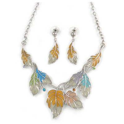 Pastel Enamel 'Spring Foliage' Floral Necklace and Drop Earrings Set In Rhodium Plating - 42cm L/ 8cm Ext - main view