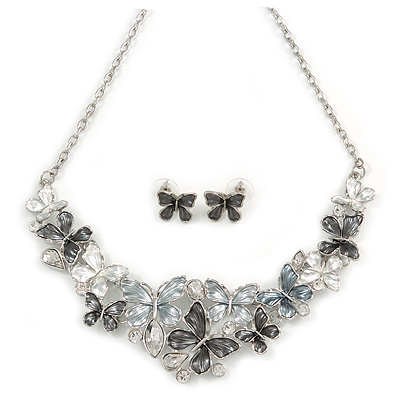 Glittering Grey Enamel, Clear Crystal Multi Butterfly Necklace and Stud Earrings Set In Rhodium Plating - 42cm L/ 7cm Ext - main view