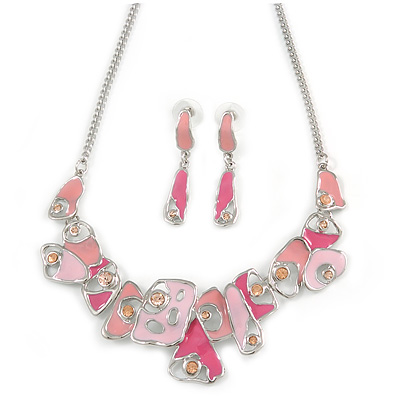 Pink Enamel, Crystal Geometric Necklace and Drop Earrings In Rhodium Plating - 40cm L/ 7cm Ext - main view