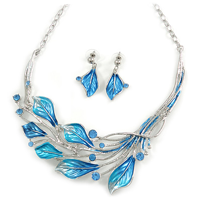 Matt Blue Enamel, Crystal Leaf Necklace and Drop Earrings In Rhodium Plating - 45cm L/ 7cm Ext - main view