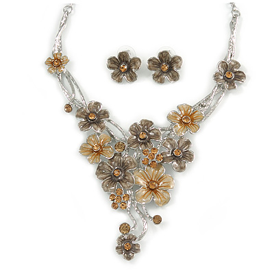 Brown/ Caramel Cluster Flower Necklace & Stud Earrings In Rhodium Plated Metal - 42cm L/ 8cm Ext - main view