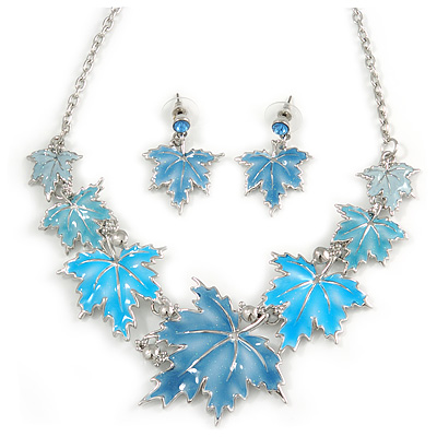 Light Blue Enamel Maple Leaf Necklace and Drop Earrings Set In Rhodium Plating - 41cm L/ 7cm Ext - main view