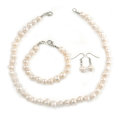 8-10mm Off Round White Freshwater Pearl Necklace, Bracelet and Drop Earrings Set In Silver Tone - 41cm L - main view