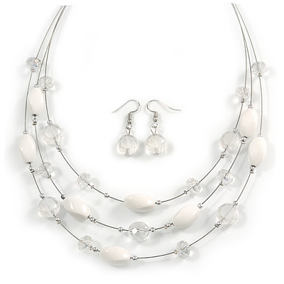 Multistrand White/ Transparent Glass and Ceramic Bead Wire Necklace & Drop Earrings Set - 48cm L/ 5cm Ext
