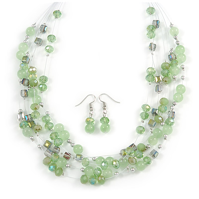 Light Green Glass & Crystal Floating Bead Necklace & Drop Earring Set - 48cm L/ 5cm Ext - main view