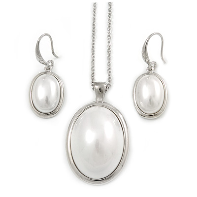 Stylish White Pearl Style Oval Pendant and Drop Earrings In Rhodium Plating  (48cm Chain) - main view