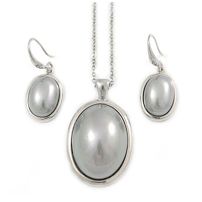 Stylish Light Grey Pearl Style Oval Pendant and Drop Earrings In Rhodium Plating (48cm Chain) - main view