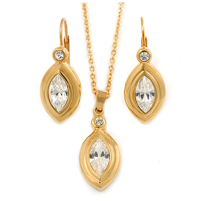 Clear Austrian Crystal Leaf Pendant With Gold Tone Chain and Drop Earrings Set - 38cm L - main view
