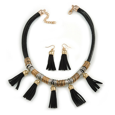 Statement Black Leather Tassel with Gold/ Silver Ring Detailing Necklace and Drop Earrings - 43cm L/ 5cm Ext - main view