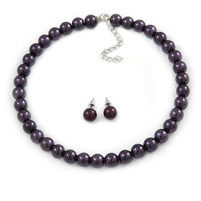 10mm Deep Purple Glass Bead Choker Necklace & Stud Earrings Set - 37cm L/ 5cm Ext - main view