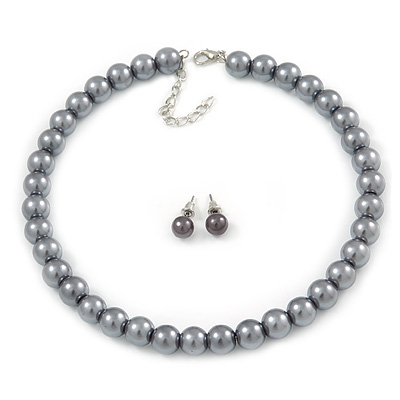 10mm Grey Glass Bead Choker Necklace & Stud Earrings Set - 37cm L/ 4cm Ext - main view