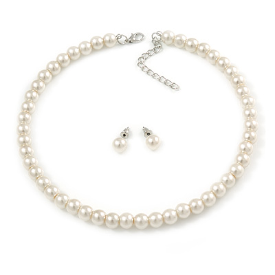 8mm Light Cream Glass Bead Choker Necklace & Stud Earrings Set - 37cm L/ 5cm Ext - main view