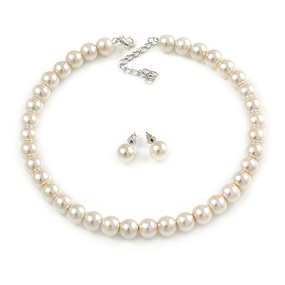 10mm Light Cream Glass Bead Choker Necklace & Stud Earrings Set - 37cm L/ 5cm Ext - main view