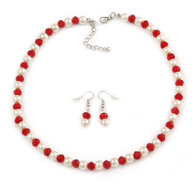Red Glass Bead, White Glass Faux Pearl Neckalce & Drop Earrings Set with Silver Tone Clasp - 40cm L/ 4cm Ext - main view