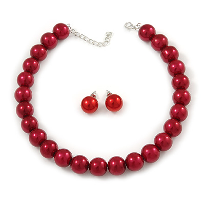 14mm Red Glass Bead Choker Necklace & Stud Earrings Set - 37cm L/ 5cm Ext - main view