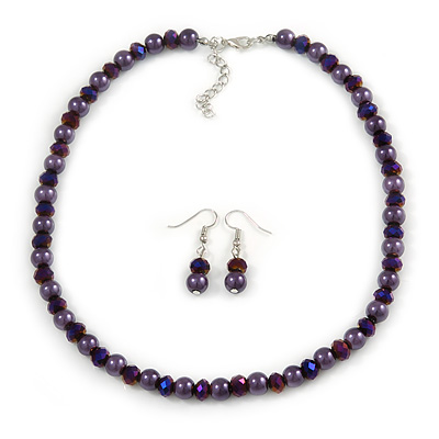 8mm Deep Purple Glass and Pearl Bead Necklace and Drop Earrings Set - 42cm L/ 5cm Ext