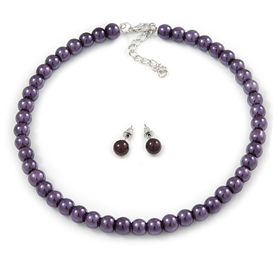 8mm Purple Glass Bead Choker Necklace & Stud Earrings Set - 37cm L/ 5cm Ext - main view