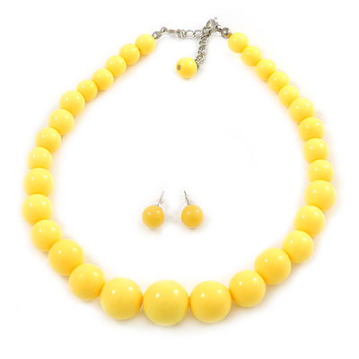 Pineapple Yellow Acrylic Bead  Choker Style Necklace And Stud Earring Set In Silver Tone - 38cm L/ 5cm Ext - main view