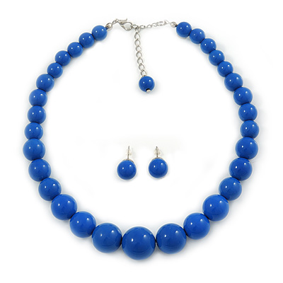 Imperial Blue Acrylic Bead Choker Style Necklace And Stud Earring Set In Silver Tone - 38cm L/ 5cm Ext - main view