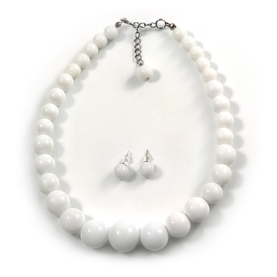Snow White Acrylic Bead Choker Style Necklace And Stud Earring Set In Silver Tone - 38cm L/ 5cm Ext