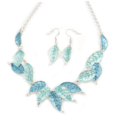 Matt Pastel Blue Enamel Leaf Necklace and Drop Earrings Set In Light Silver Tone Metal - 45cm L/ 7cm Ext - main view