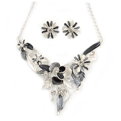 Matt Pastel Grey/ White Enamel, Clear Crystal Floral Necklace and Stud Earrings In Light Silver Tone - 45cm L/ 7cm Ext - main view
