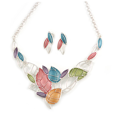 Matt Pastel Multicoloured Enamel Leaf Necklace and Stud Earrings Set In Light Silver Tone - 44cm L/ 7cm Ext - main view