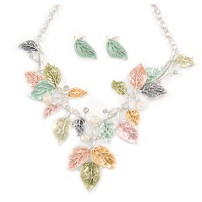 Matt Pastel Multicoloured Enamel Leaf Necklace and Stud Earrings Set In Light Silver Tone - 45cm L/ 7cm Ext - main view