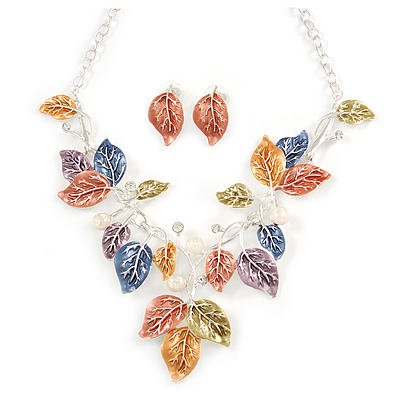 Matt Pastel Multicoloured Enamel Leaf Necklace and Stud Earrings In Light Silver Tone - 45cm L/ 7cm Ext