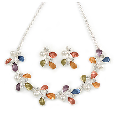 Matt Pastel Enamel, Faux Pearl, Clear Crystal Floral Necklace and Stud Earrings Set In Light Silver Tone Metal - 45cm L/ 7cm Ext - main view