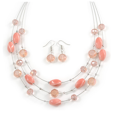 Multistrand Light Pink Glass and Ceramic Bead Wire Necklace & Drop Earrings Set - 48cm L/ 5cm Ext