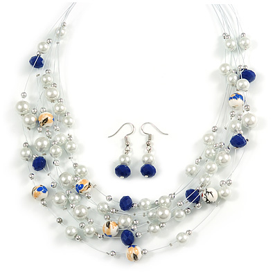 Romantic Multistrand Layered Beaded Necklace and Drop Earrings Set (White, Blue) - 50cm L/ 4cm Ext - main view