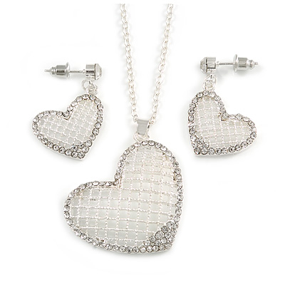 Romantic Crystal Heart Pendant and Drop Earrings In Silver Tone Metal - 40cm/ 4cm Ext