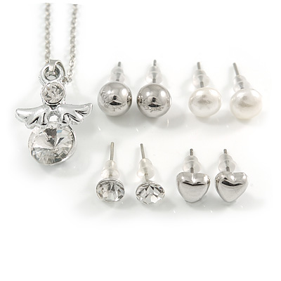 Clear Crystal Guardian Angel Pendant and 4 Pairs of Stud Earrings Set In Silver Tone