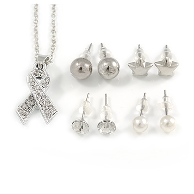 Clear Crystal Breast Cancer Awareness Ribbon Pendant and 4 Pairs of Stud Earrings Set In Sivler Tone - main view