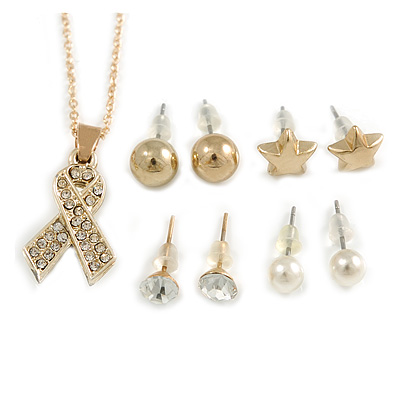 Clear Crystal Breast Cancer Awareness Ribbon Pendant and 4 Pairs of Stud Earrings Set In Gold Tone - main view
