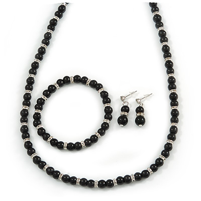 6mm Black Ceramic Bead Necklace, Flex Bracelet & Drop Earrings With Crystal Ring Set In Silver Tone - 42cm L/ 4cm Ext