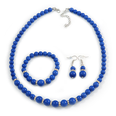 Royal Blue Ceramic Bead Necklace, Flex Bracelet & Drop Earrings With Crystal Ring Set In Silver Tone - 48cm L/ 6cm Ext - main view